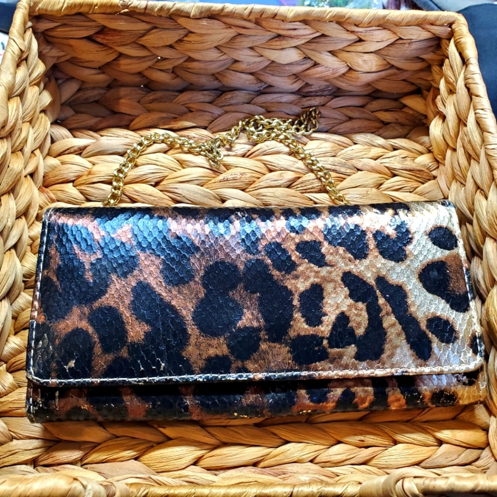Black & Brown Animal Print Crossbody Wallet with Gold Chain